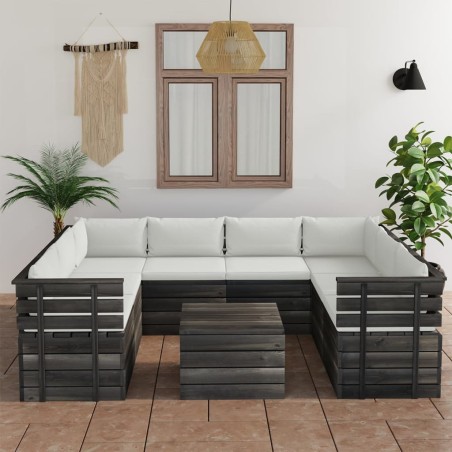 vidaXL Muebles de palets para jardín 9 pzas cojines madera maciza pino