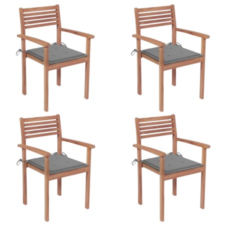 vidaXL Sillas de jardín 4 uds madera maciza de teca con cojines grises
