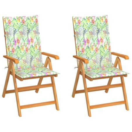 vidaXL Silla de jardín 2 uds madera teca con cojines estampado hojas