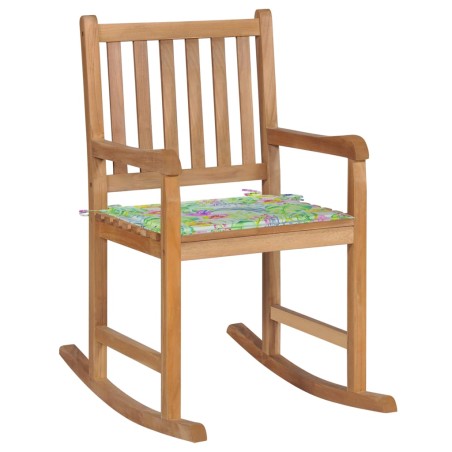vidaXL Silla mecedora de madera maciza teca con cojín estampado hojas
