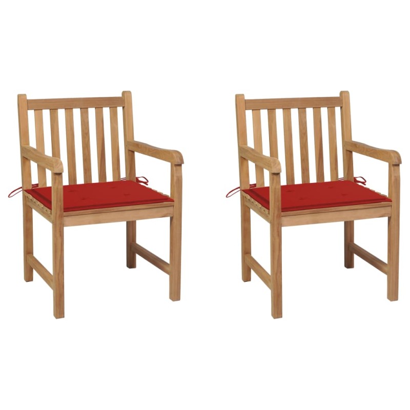 vidaXL Sillas de jardín 2 uds madera maciza de teca con cojines rojos vidaXL Sillas de jardín 2 uds madera maciza de teca con cojines rojos