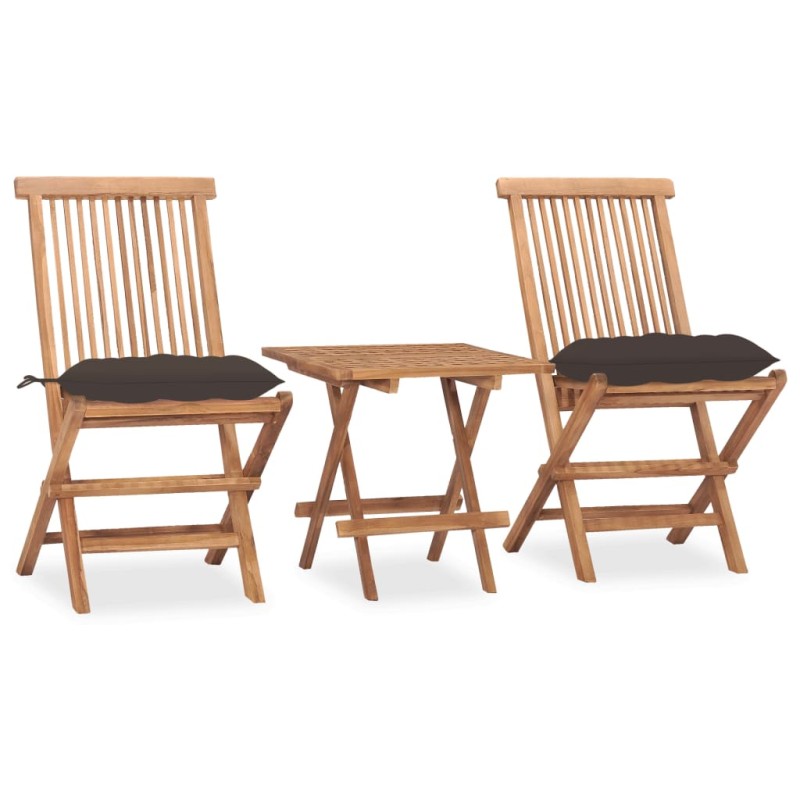 vidaXL Set comedor de jardín plegable 3 piezas madera de teca cojines