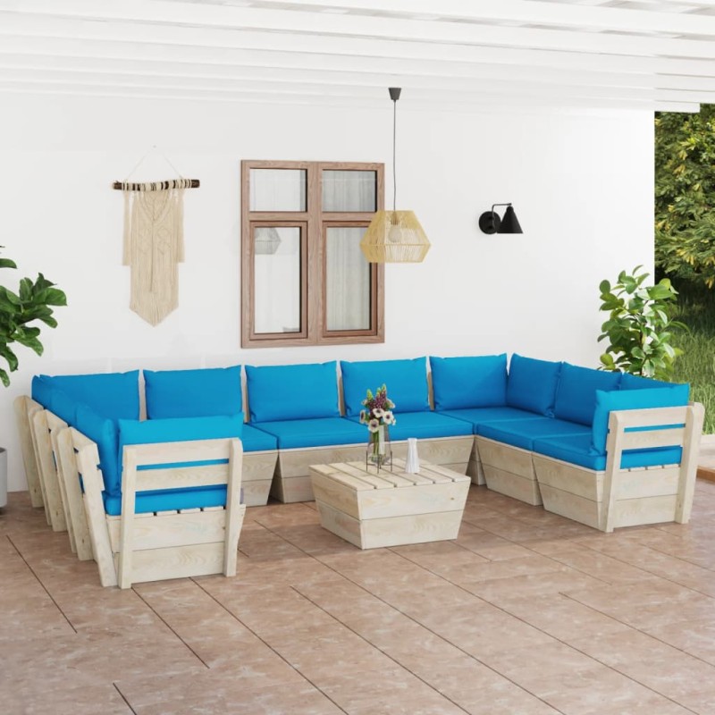 vidaXL Muebles de jardín de palés 10 piezas y cojines madera de abeto
