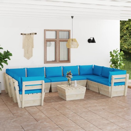 vidaXL Muebles de jardín de palés 10 piezas y cojines madera de abeto