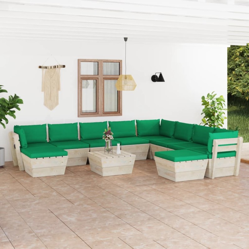 vidaXL Muebles de jardín de palets 11 pzas y cojines madera de abeto  