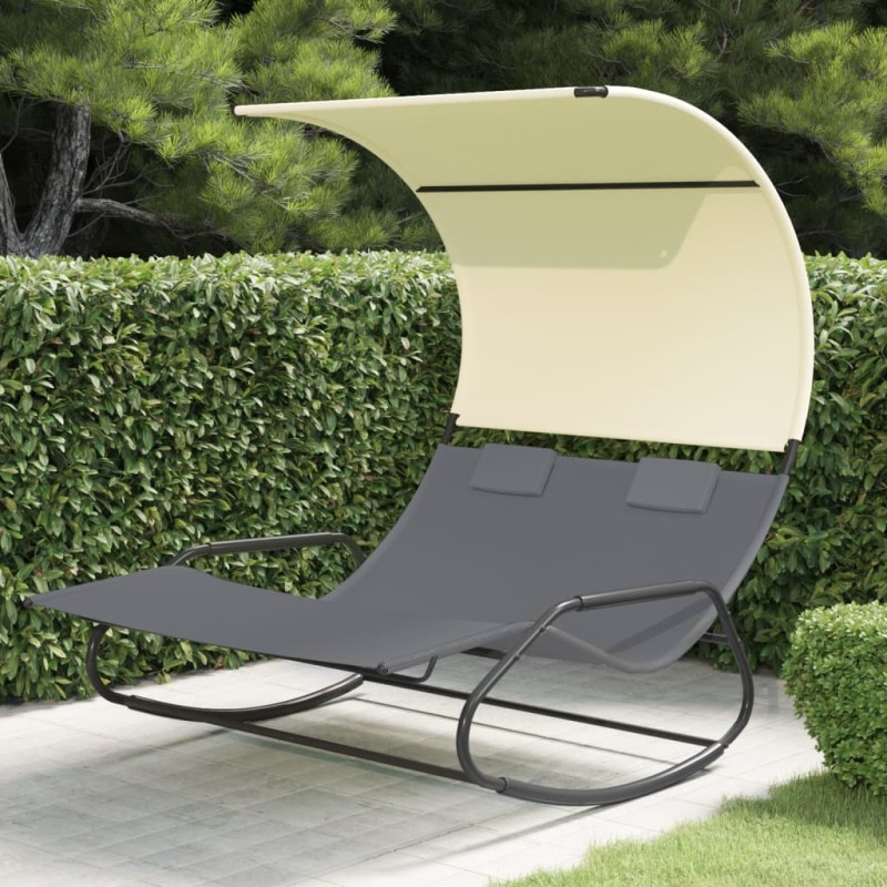 vidaXL Tumbona mecedora doble con toldo gris y crema vidaXL Tumbona mecedora doble con toldo gris y crema
