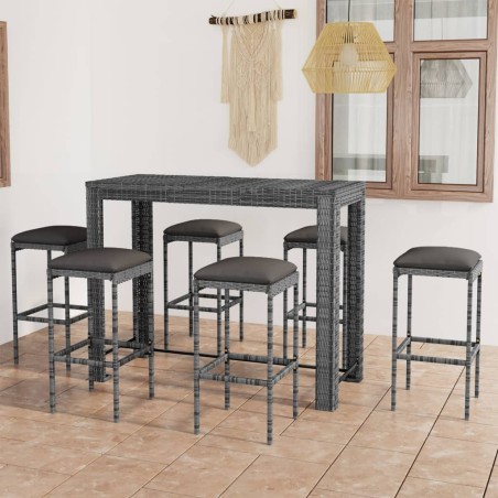 vidaXL Muebles de bar para jardín 7 pzas cojines ratán sintético gris