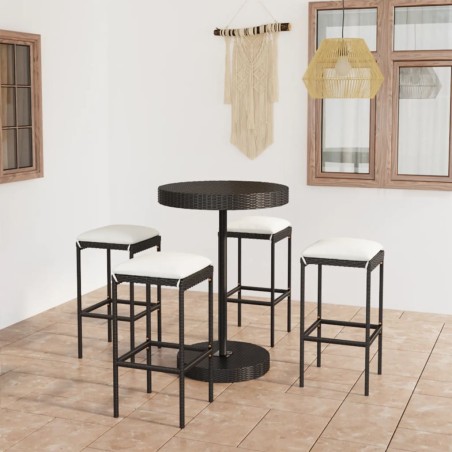 vidaXL Set de bar para jardín 5 pzas y cojines ratán sintético negro