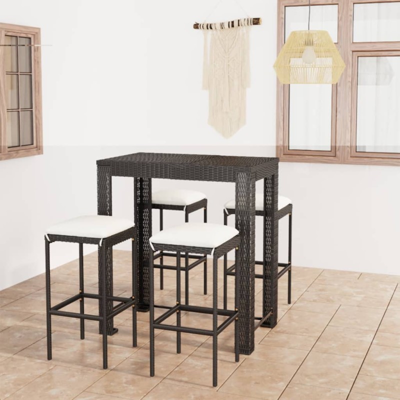 vidaXL Set muebles bar jardín 5 piezas y cojines ratán sintético negro vidaXL Set muebles bar jardín 5 piezas y cojines ratán sintético negro
