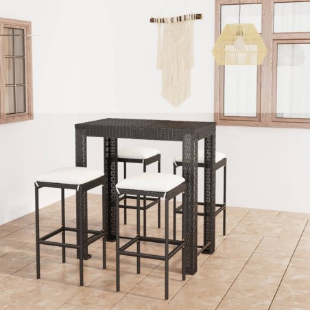 vidaXL Set muebles bar jardín 5 piezas y cojines ratán sintético negro
