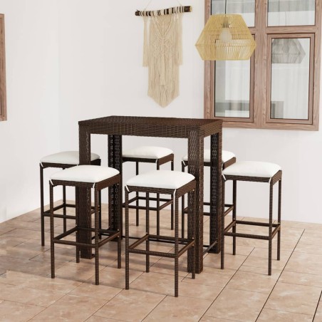 vidaXL Set de bar para jardín 7 pzas y cojines ratán sintético marrón