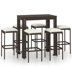 vidaXL Set de bar para jardín 7 pzas y cojines ratán sintético marrón