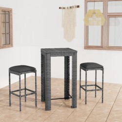vidaXL Set muebles bar jardín 3 piezas y cojines ratán sintético gris