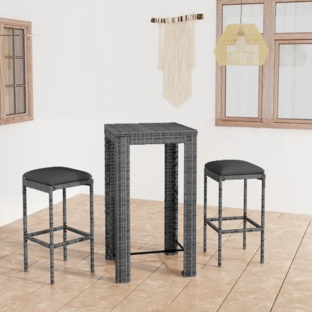 vidaXL Set muebles bar jardín 3 piezas y cojines ratán sintético gris