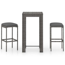 vidaXL Set muebles bar jardín 3 piezas y cojines ratán sintético gris
