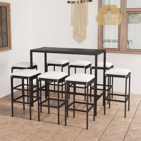 vidaXL Mesa y taburetes altos jardín y cojines 9 pzas ratán PE negro