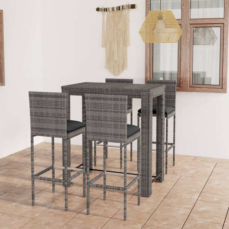 vidaXL Conjunto de bar para jardín 5 pzas ratán sintético gris cojines vidaXL Conjunto de bar para jardín 5 pzas ratán sintético gris cojines