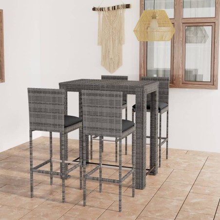 vidaXL Conjunto de bar para jardín 5 pzas ratán sintético gris cojines