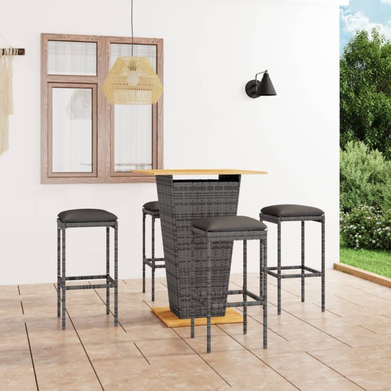 vidaXL Set de muebles de bar de jardín 5 pzas y cojines ratán PE gris vidaXL Set de muebles de bar de jardín 5 pzas y cojines ratán PE gris