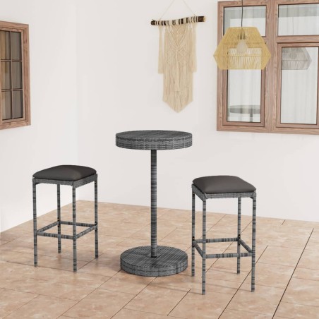vidaXL Set muebles bar jardín 3 piezas y cojines ratán sintético gris