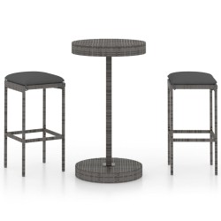 vidaXL Set muebles bar jardín 3 piezas y cojines ratán sintético gris