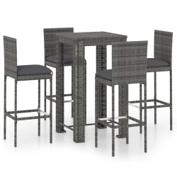 vidaXL Set muebles bar jardín 5 piezas y cojines ratán sintético gris