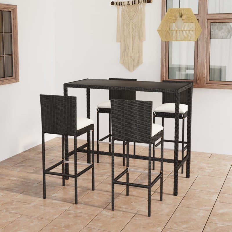 vidaXL Mesa y taburetes altos jardín y cojines 5 pzas ratán PE negro vidaXL Mesa y taburetes altos jardín y cojines 5 pzas ratán PE negro