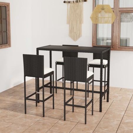 vidaXL Mesa y taburetes altos jardín y cojines 5 pzas ratán PE negro