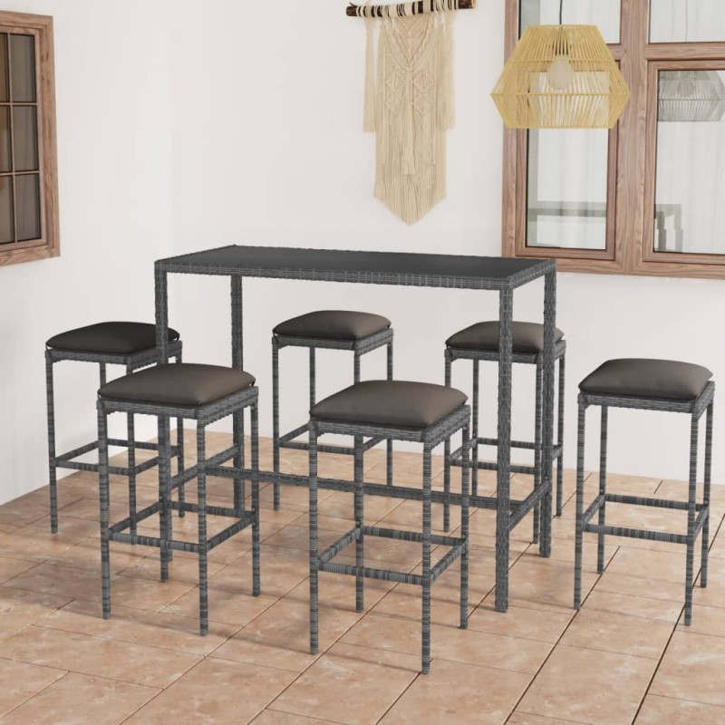 vidaXL Set muebles bar jardín 7 piezas y cojines ratán sintético gris vidaXL Set muebles bar jardín 7 piezas y cojines ratán sintético gris