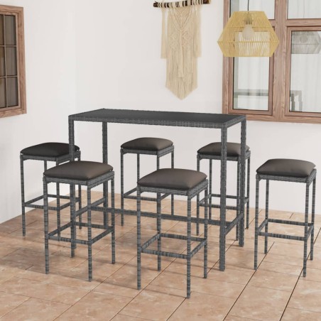 vidaXL Set muebles bar jardín 7 piezas y cojines ratán sintético gris