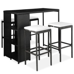 vidaXL Set de bar para jardín 5 pzas y cojines ratán sintético negro