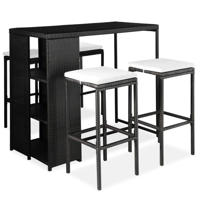 vidaXL Set de bar para jardín 5 pzas y cojines ratán sintético negro