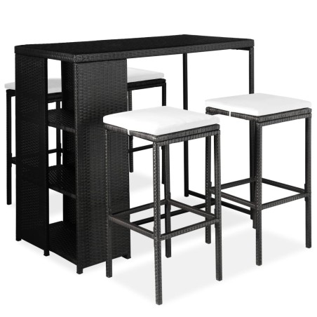 vidaXL Set de bar para jardín 5 pzas y cojines ratán sintético negro