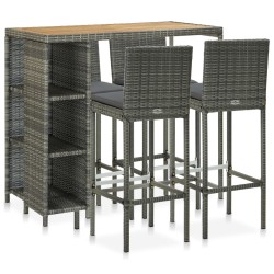 vidaXL Set de bar para jardín 5 piezas y cojines ratán sintético gris