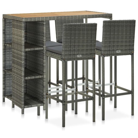 vidaXL Set de bar para jardín 5 piezas y cojines ratán sintético gris