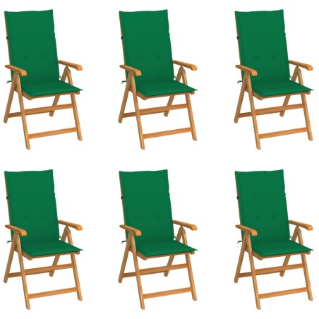 vidaXL Sillas de jardín 6 unidades madera maciza de teca cojines verde