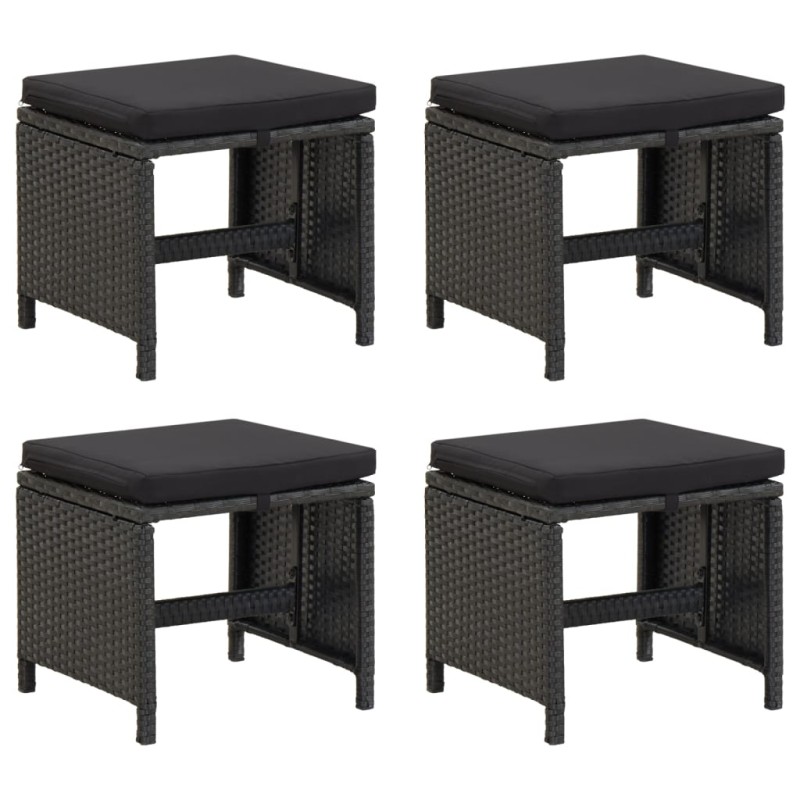 vidaXL Taburetes de jardín 4 unidades y cojines ratán sintético negro vidaXL Taburetes de jardín 4 unidades y cojines ratán sintético negro