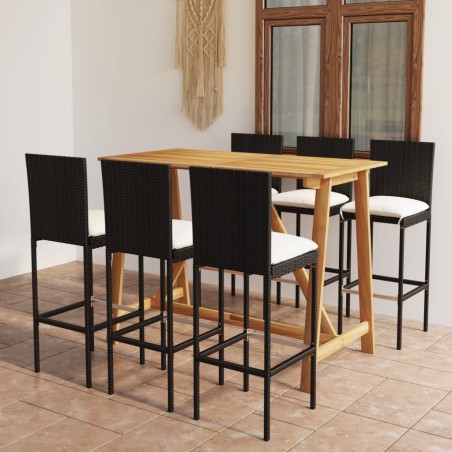 vidaXL Conjunto de bar para jardín 7 piezas con cojines negro