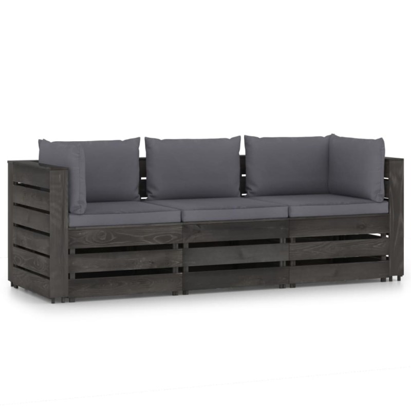vidaXL Sofá de jardín de 3 plazas con cojines madera impregnada gris vidaXL Sofá de jardín de 3 plazas con cojines madera impregnada gris