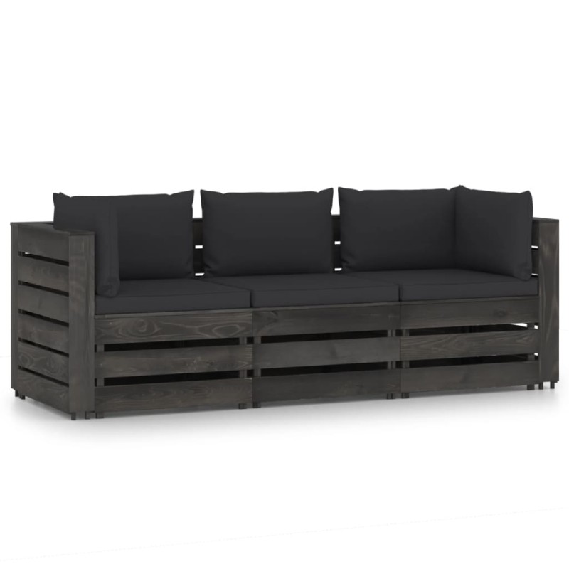 vidaXL Sofá de palets 3 plazas cojines gris madera de pino impregnada vidaXL Sofá de palets 3 plazas cojines gris madera de pino impregnada