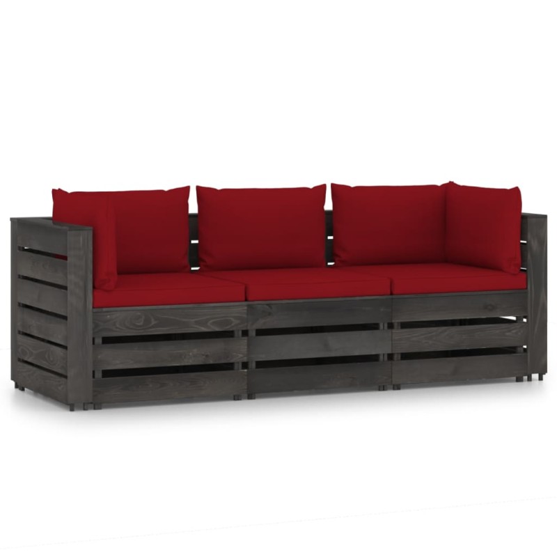 vidaXL Sofá de palets 3 plazas cojines gris madera de pino impregnada vidaXL Sofá de palets 3 plazas cojines gris madera de pino impregnada