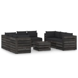 vidaXL Muebles de jardín 9 piezas con cojines madera impregnada gris