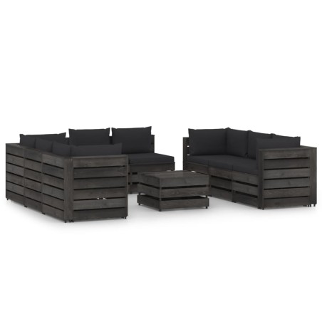 vidaXL Muebles de jardín 9 piezas con cojines madera impregnada gris