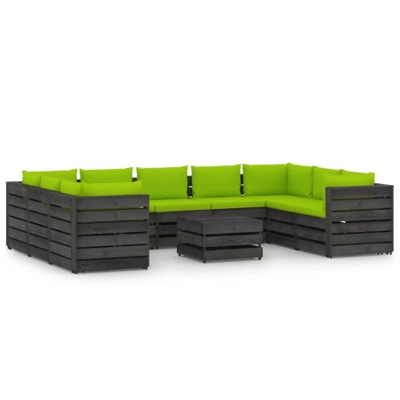 vidaXL Muebles de jardín 10 piezas con cojines madera impregnada gris