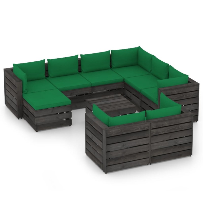 vidaXL Muebles de jardín 10 piezas con cojines madera impregnada gris