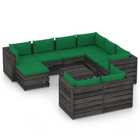 vidaXL Muebles de jardín 10 piezas con cojines madera impregnada gris