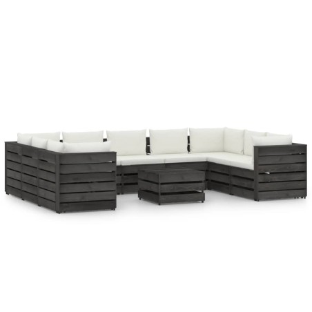 vidaXL Muebles de jardín 10 piezas con cojines madera impregnada gris