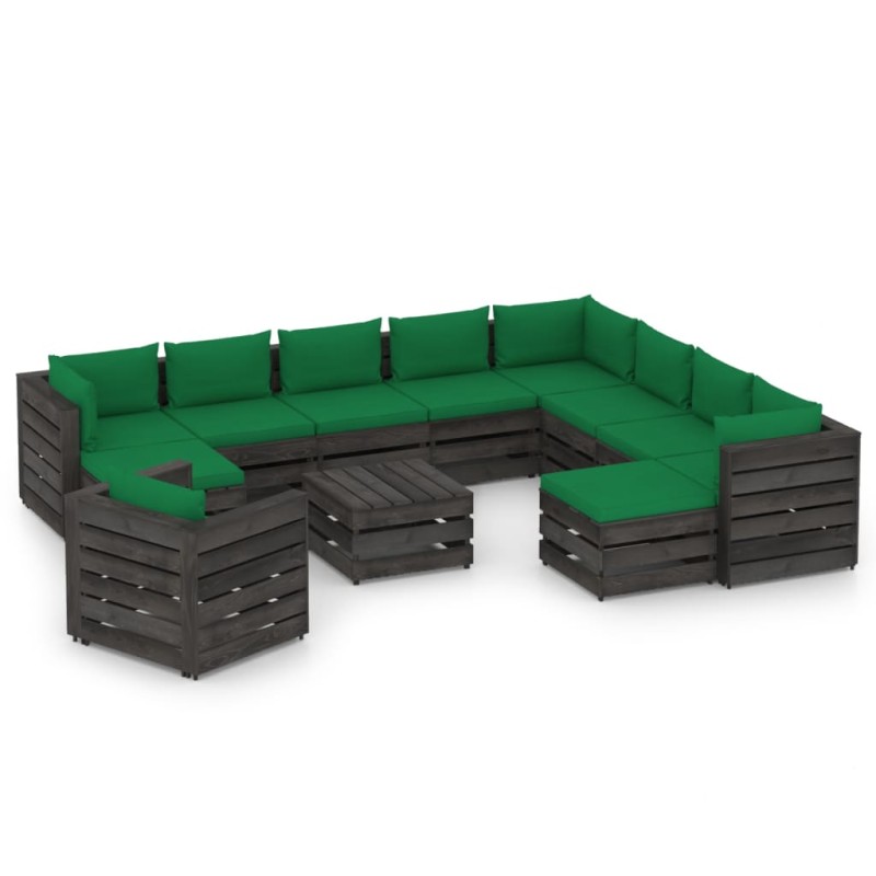 vidaXL Muebles de jardín 12 piezas con cojines madera impregnada gris