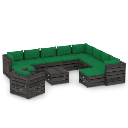 vidaXL Muebles de jardín 12 piezas con cojines madera impregnada gris