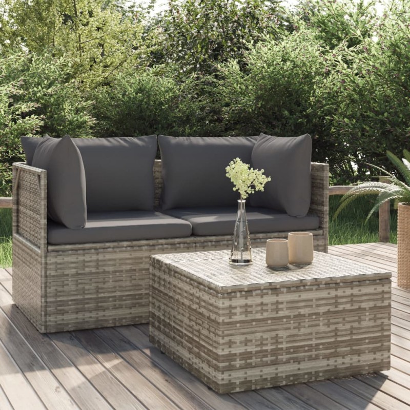vidaXL Set de muebles de jardín 3 pzas y cojines ratán sintético gris vidaXL Set de muebles de jardín 3 pzas y cojines ratán sintético gris